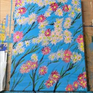 Floral Canvas Art with Pink and Yellow Blooms